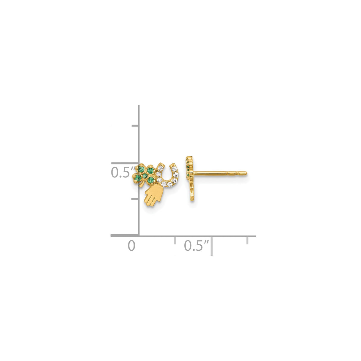 14k Yellow Gold Stud Earrings with Cubic Zirconia, Four Leaf Clover, Hamsa, and Horseshoe Motifs