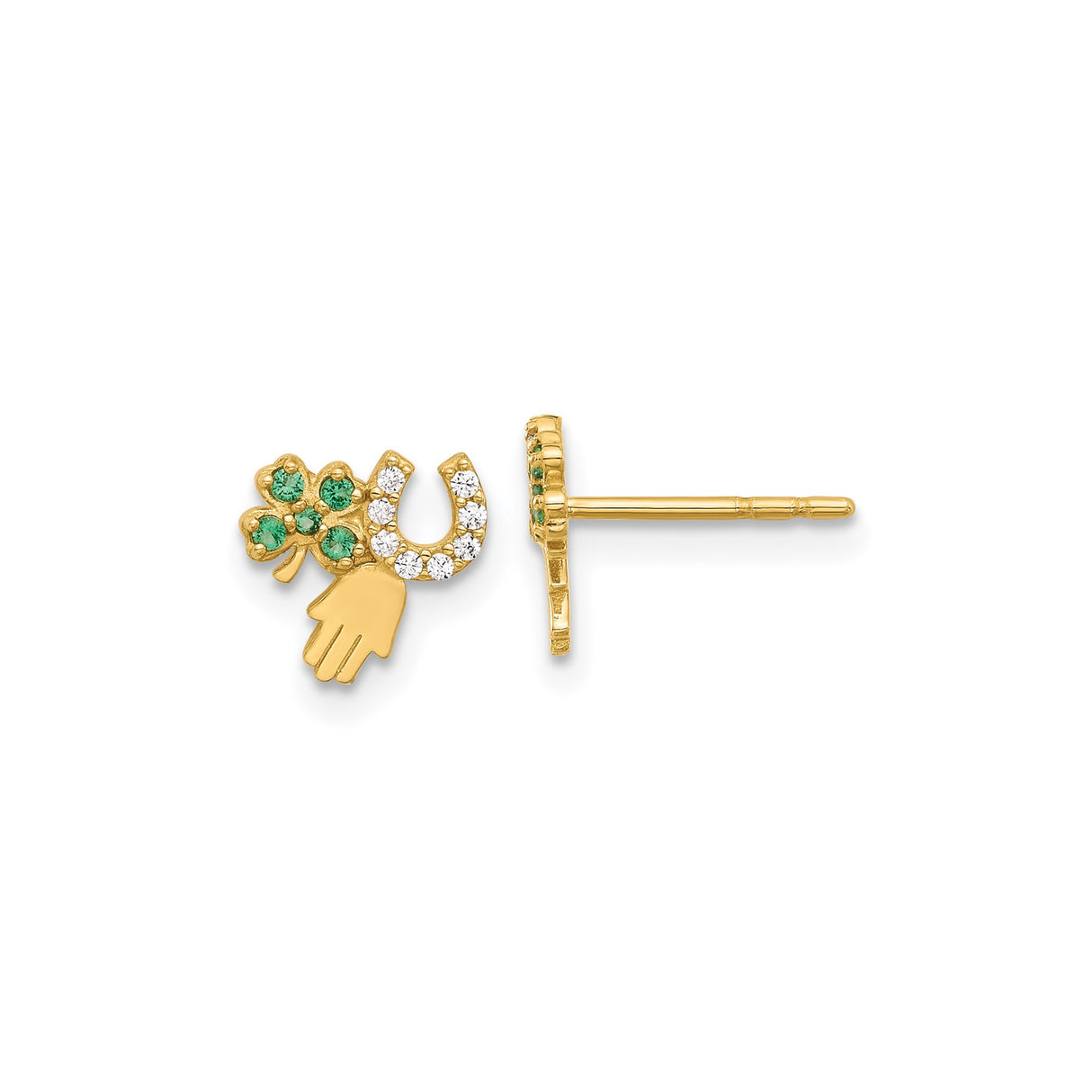 14k Yellow Gold Stud Earrings with Cubic Zirconia, Four Leaf Clover, Hamsa, and Horseshoe Motifs