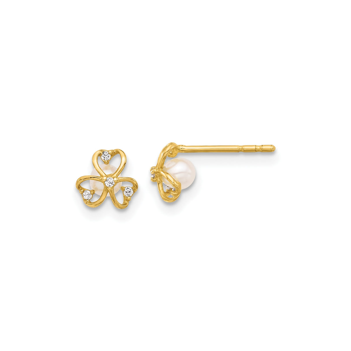 14k Yellow Gold Stud Earrings with Cubic Zirconia, Pearl, Heart Celtic Shamrock Design