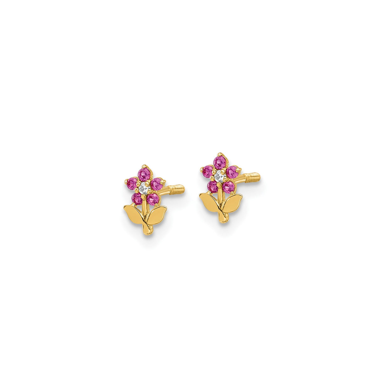 14k Yellow Gold Flower Stud Earrings with Pink and White Cubic Zirconia, Floral Design