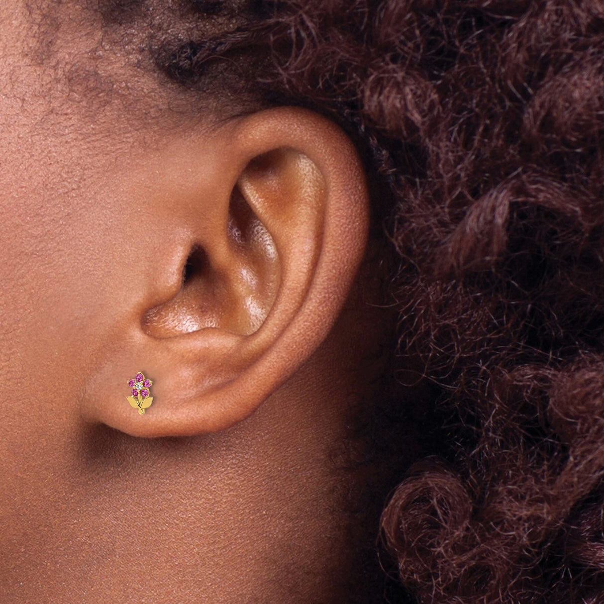 14k Yellow Gold Flower Stud Earrings with Pink and White Cubic Zirconia, Floral Design