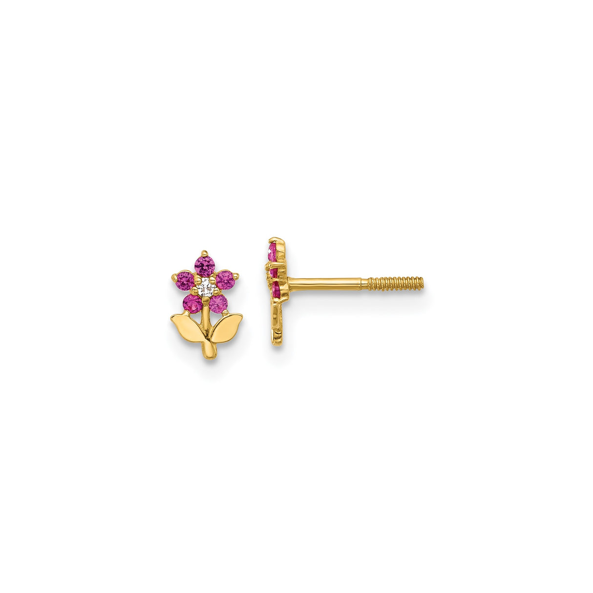 14k Yellow Gold Flower Stud Earrings with Pink and White Cubic Zirconia, Floral Design