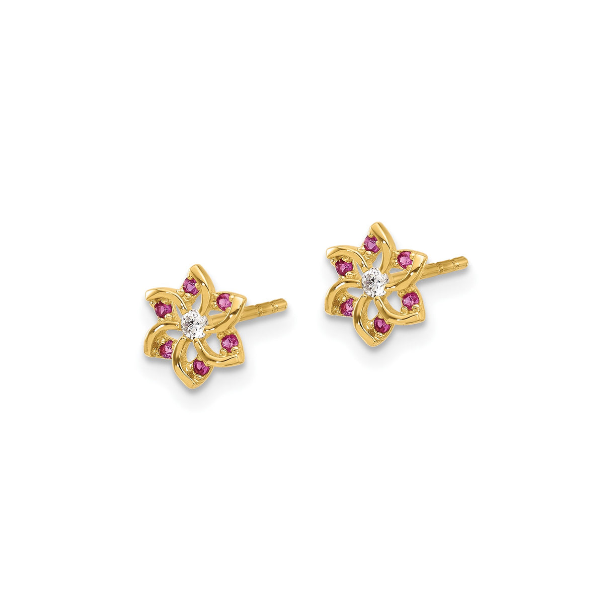 14k Yellow Gold Flower Stud Earrings with Pink and White Cubic Zirconia, Six Petal Design