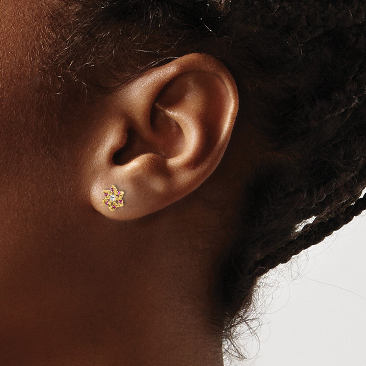14k Yellow Gold Flower Stud Earrings with Pink and White Cubic Zirconia, Six Petal Design