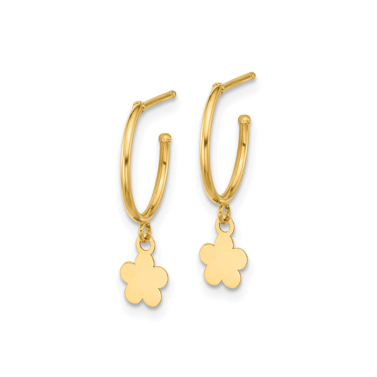 14k Yellow Gold Hoop Earrings with Dangling Five-Petal Flower Charm, Lightweight Floral Design