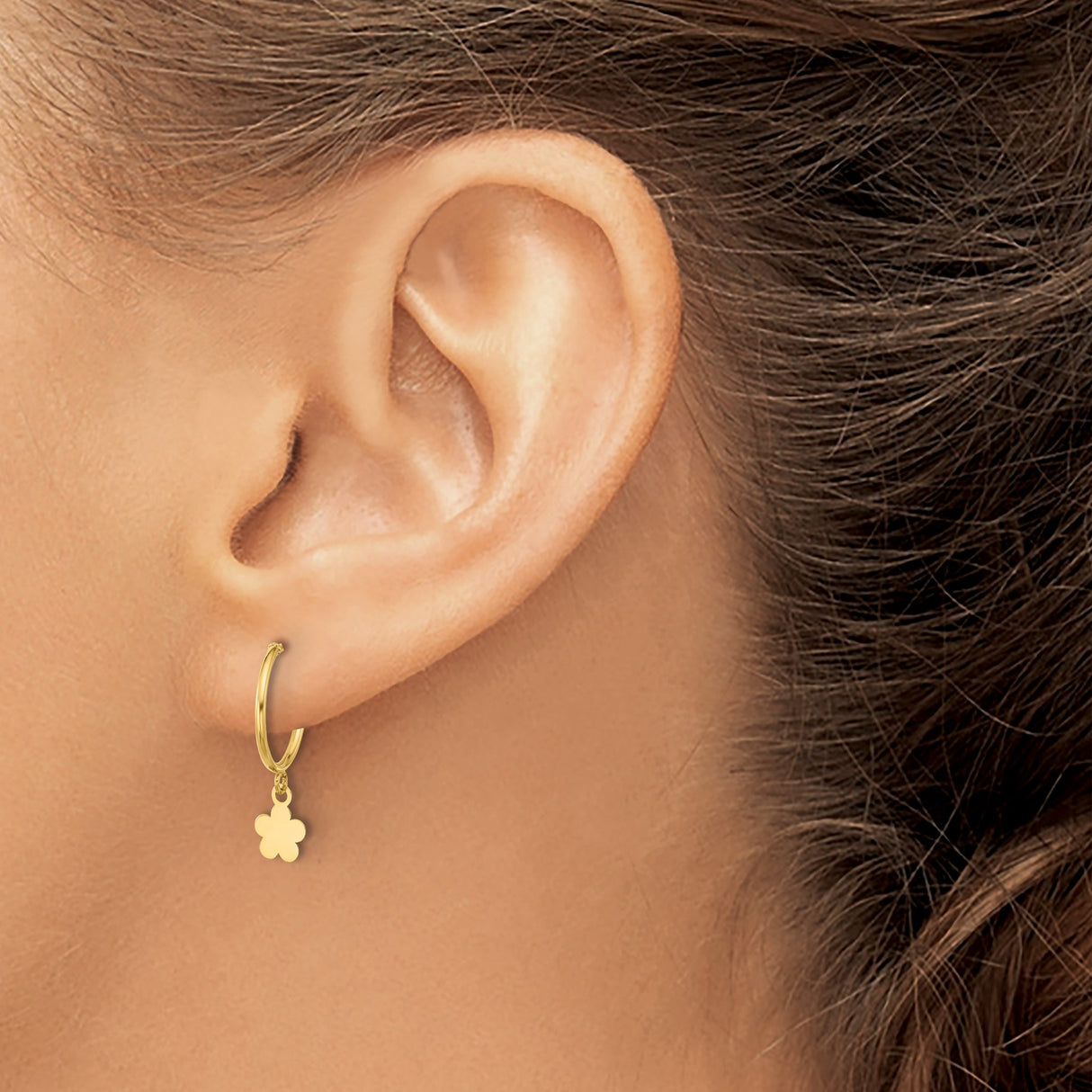 14k Yellow Gold Hoop Earrings with Dangling Five-Petal Flower Charm, Lightweight Floral Design