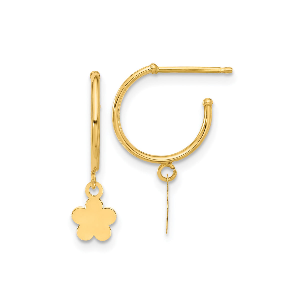 14k Yellow Gold Hoop Earrings with Dangling Five-Petal Flower Charm, Lightweight Floral Design