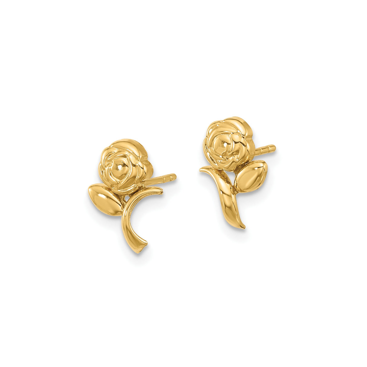 14k Yellow Gold Rose Stud Earrings with Detailed Flower and Leaf Design