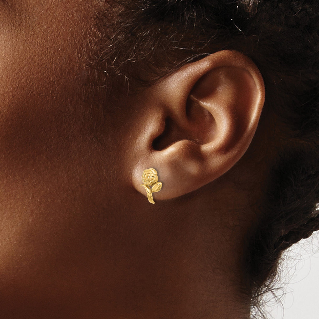 14k Yellow Gold Rose Stud Earrings with Detailed Flower and Leaf Design