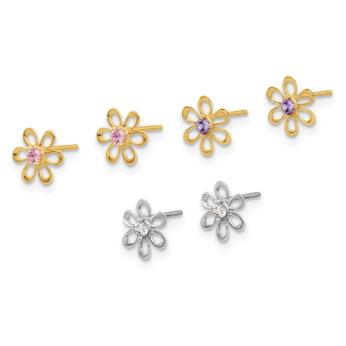 14k Yellow Gold Flower Stud Earrings with Cubic Zirconia, Open Petal Daisy Design