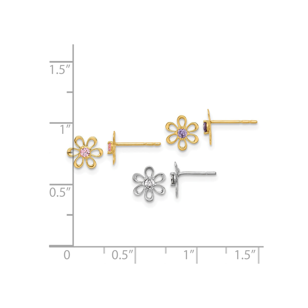 14k Yellow Gold Flower Stud Earrings with Cubic Zirconia, Open Petal Daisy Design