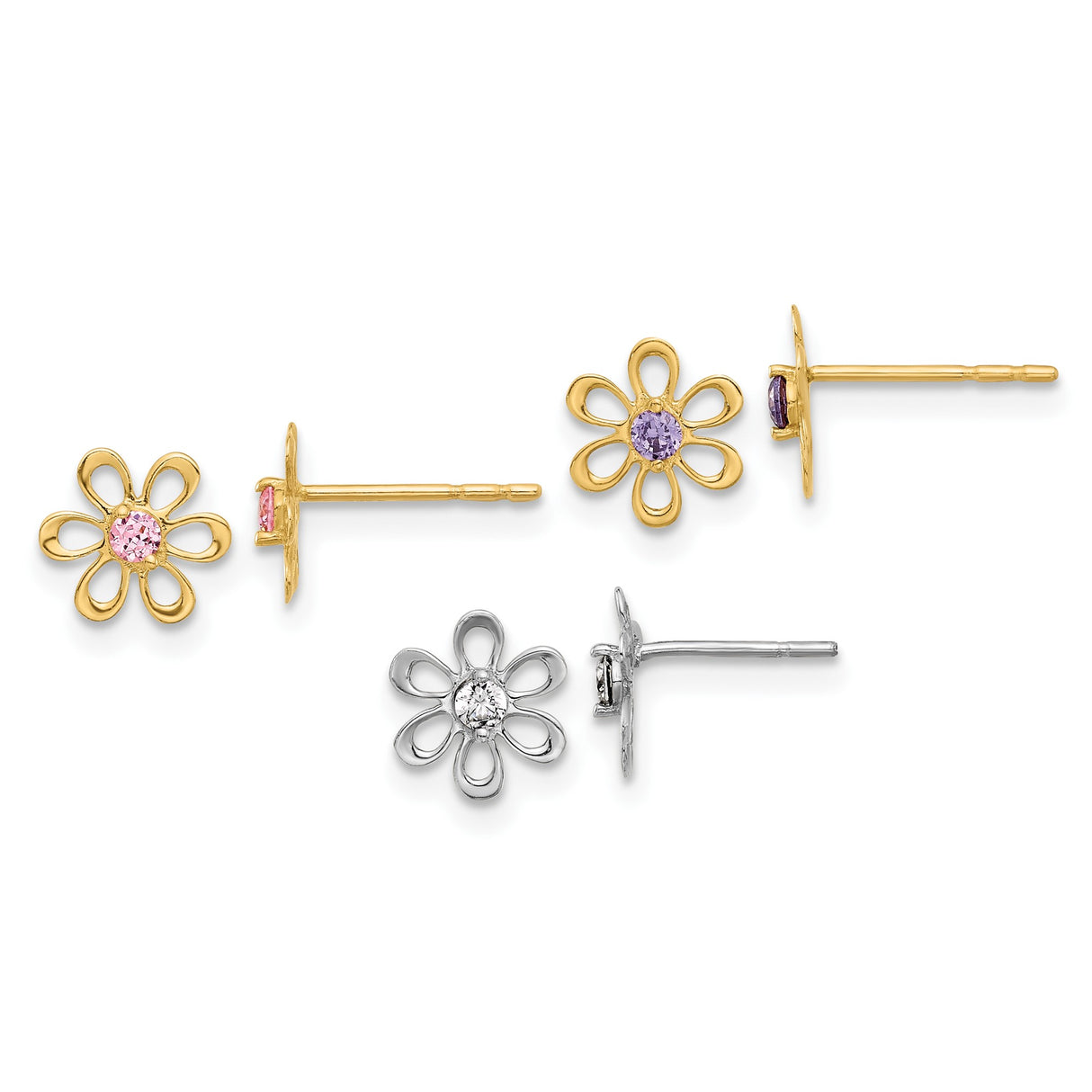 14k Yellow Gold Flower Stud Earrings with Cubic Zirconia, Open Petal Daisy Design