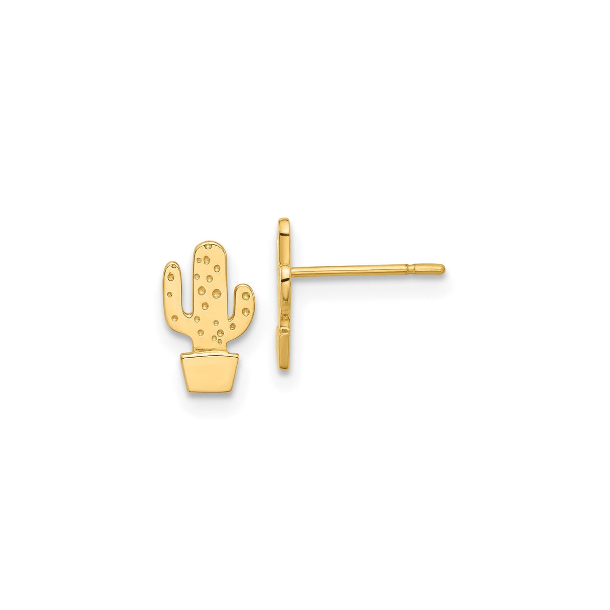14k Yellow Gold Cactus Stud Earrings, Minimalist Potted Plant Desert Design for Women
