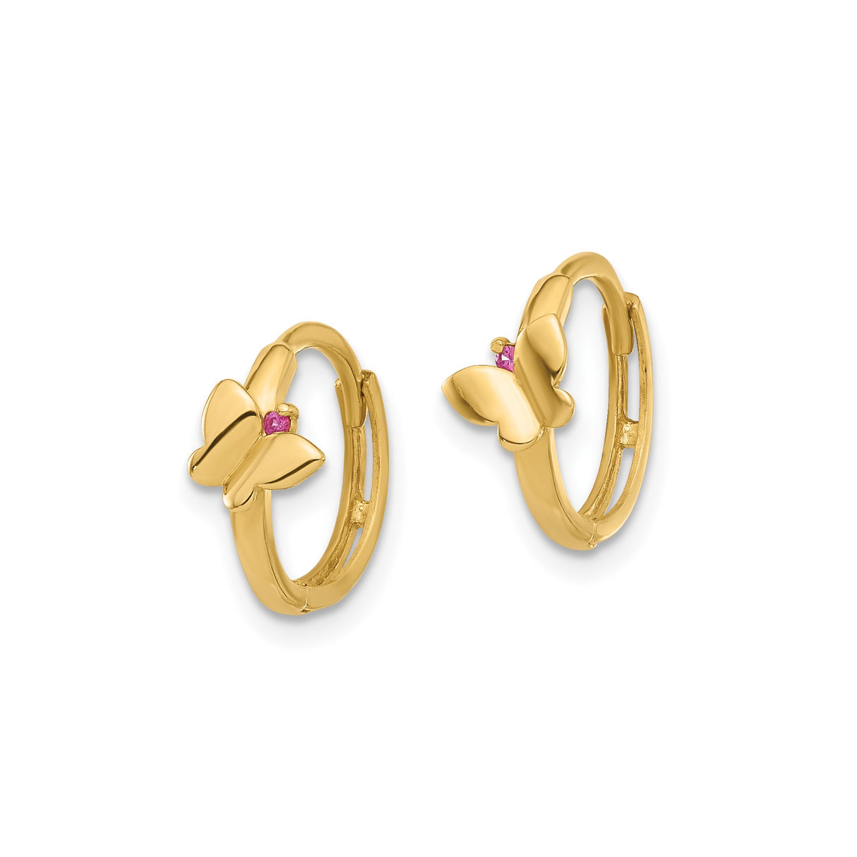 14k Yellow Gold Butterfly Hoop Earrings with Pink Gemstone Accent, Nature-Inspired Design