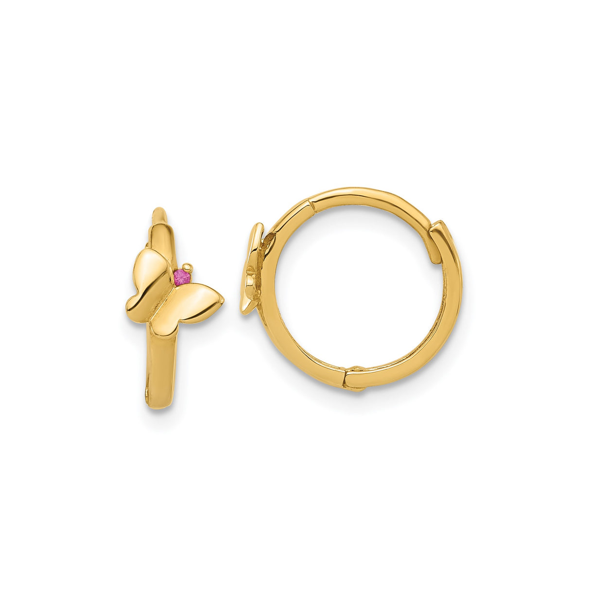 14k Yellow Gold Butterfly Hoop Earrings with Pink Gemstone Accent, Nature-Inspired Design