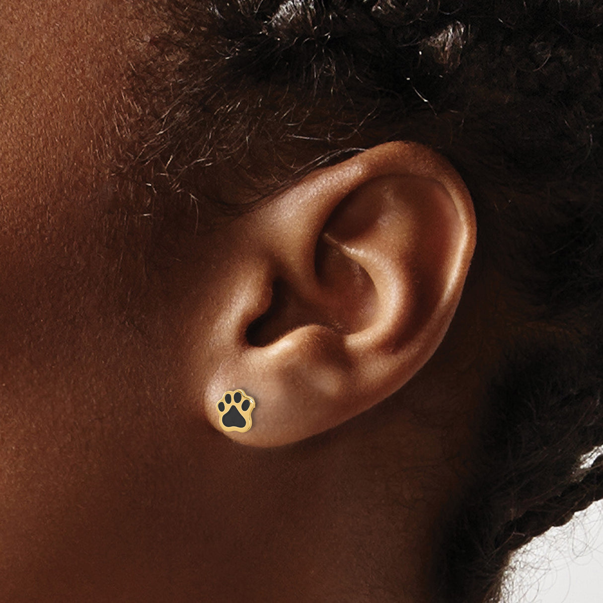 14k Yellow Gold Stud Earrings with Black Enamel Paw Print, Animal Theme Jewelry for Pet Lovers