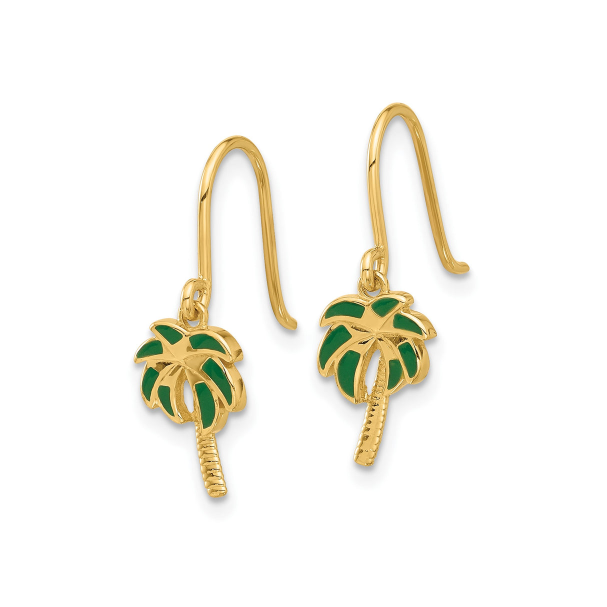 14k Yellow Gold Dangle Palm Tree Earrings with Green Enamel Charms, Tropical Summer Style