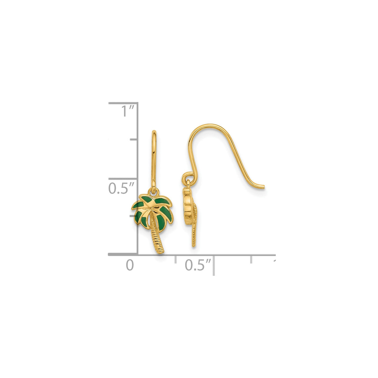 14k Yellow Gold Dangle Palm Tree Earrings with Green Enamel Charms, Tropical Summer Style