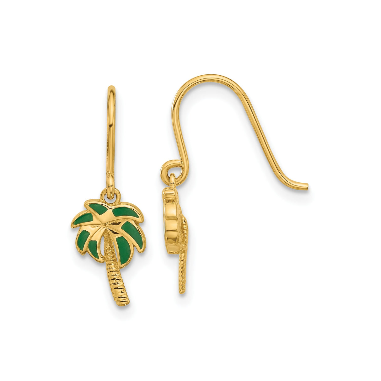 14k Yellow Gold Dangle Palm Tree Earrings with Green Enamel Charms, Tropical Summer Style