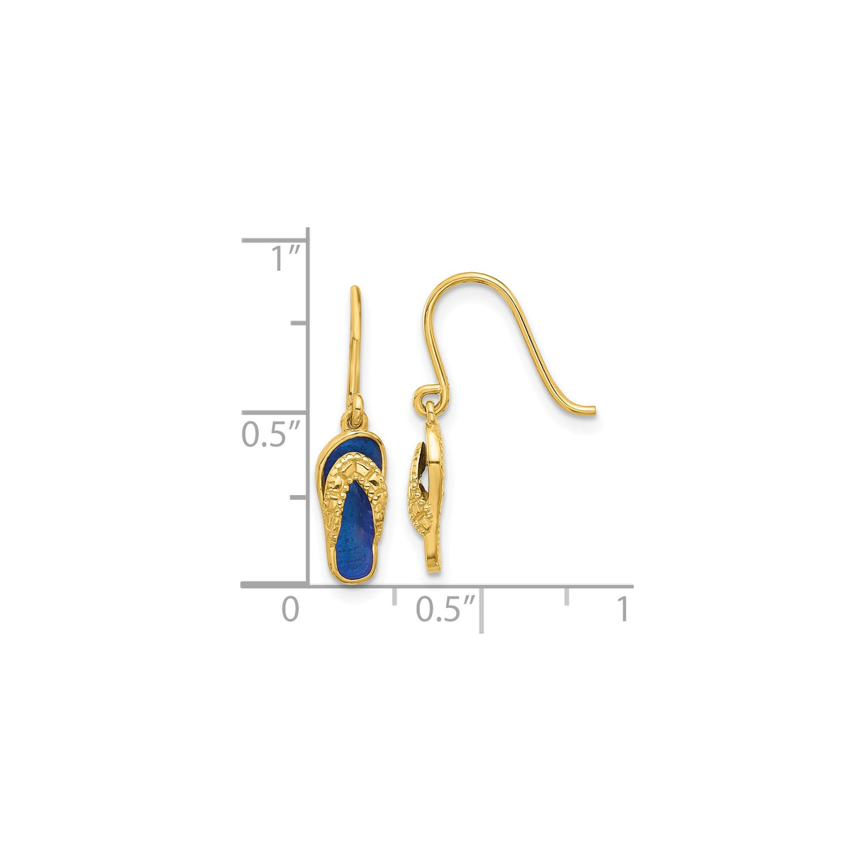 14k Yellow Gold Flip Flop Dangle Earrings with Blue Enamel, Textured Beach Style for Women