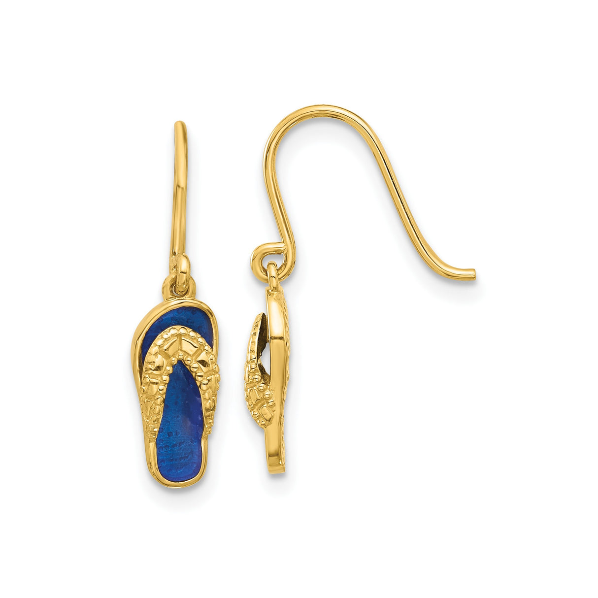 14k Yellow Gold Flip Flop Dangle Earrings with Blue Enamel, Textured Beach Style for Women