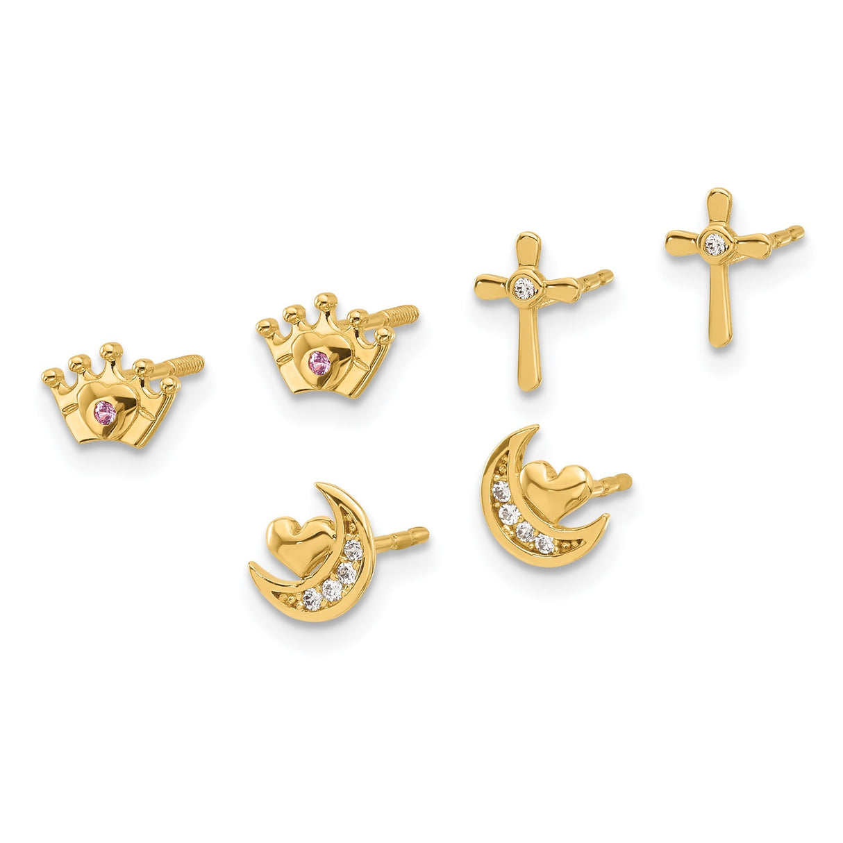 14k Yellow Gold Stud Earrings with Cubic Zirconia, Cross, Crown, Heart and Crescent Moon Design