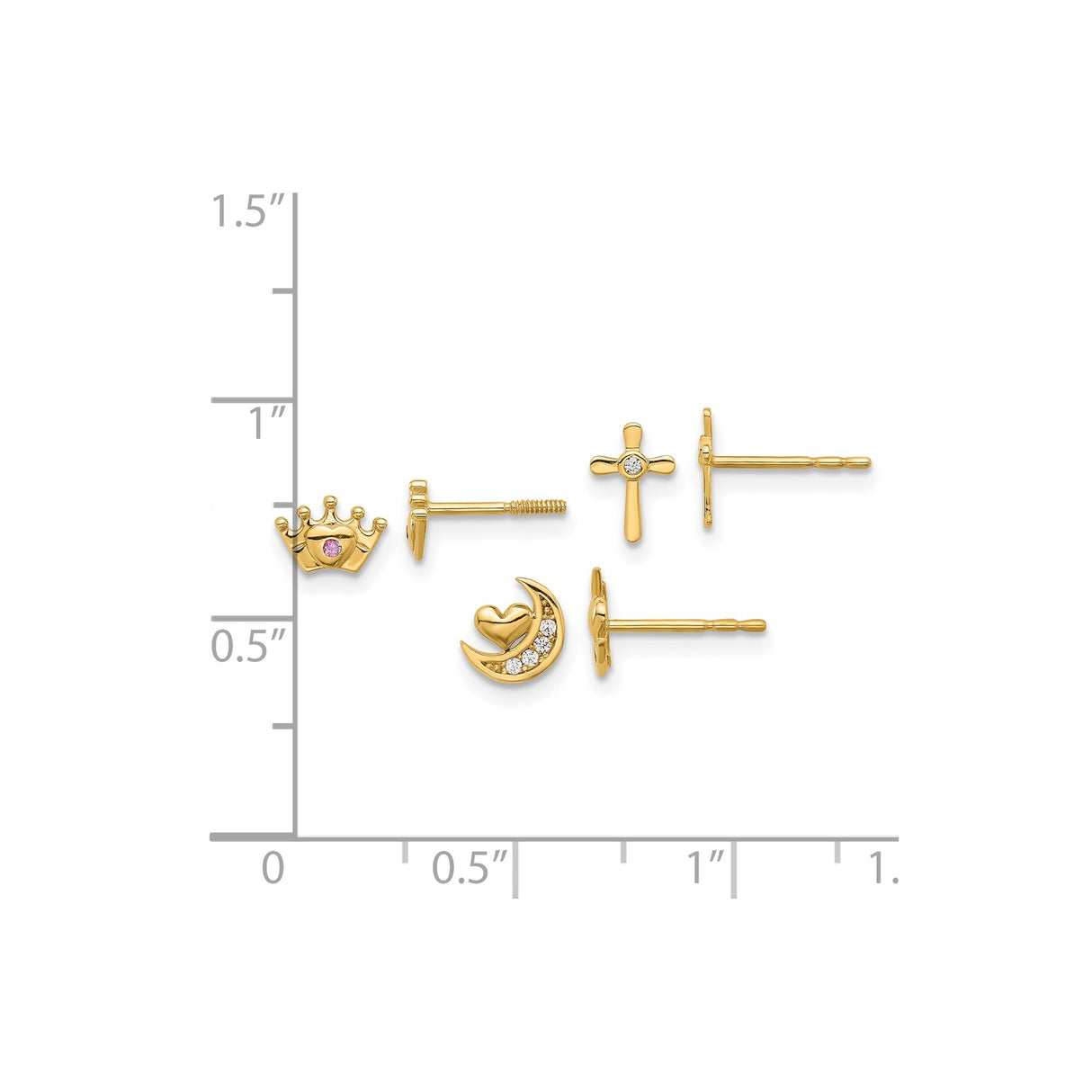 14k Yellow Gold Stud Earrings with Cubic Zirconia, Cross, Crown, Heart and Crescent Moon Design