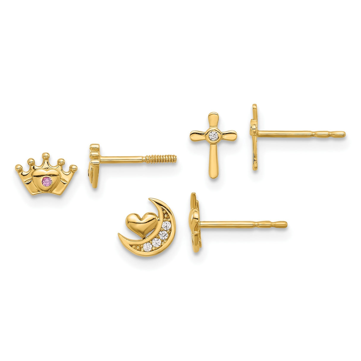 14k Yellow Gold Stud Earrings with Cubic Zirconia, Cross, Crown, Heart and Crescent Moon Design