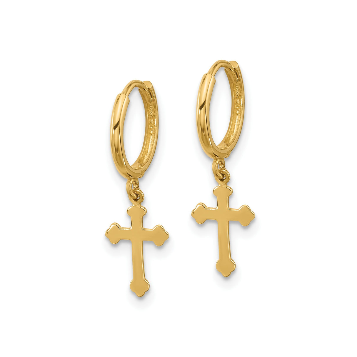 14k Yellow Gold Hoop Earrings with Decorative Cross Charm, Christian Religious Dangle Style