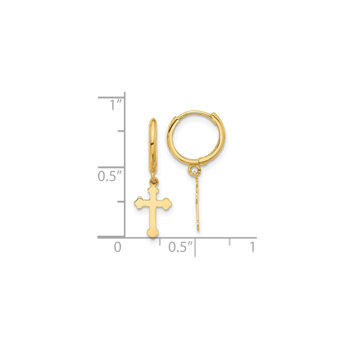 14k Yellow Gold Hoop Earrings with Decorative Cross Charm, Christian Religious Dangle Style