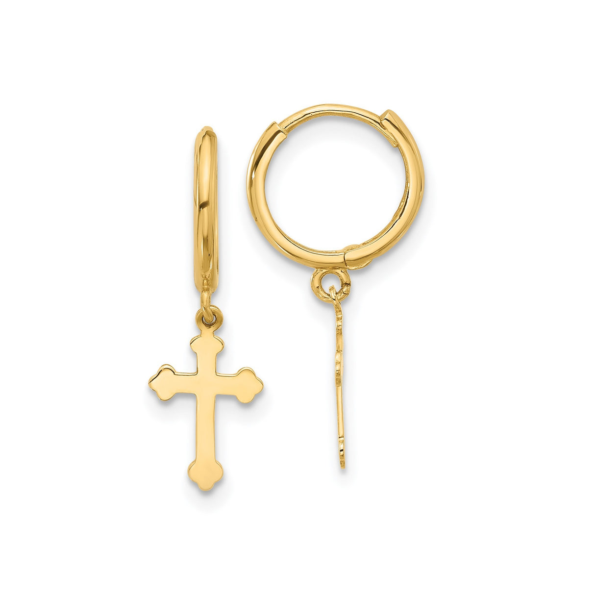 14k Yellow Gold Hoop Earrings with Decorative Cross Charm, Christian Religious Dangle Style