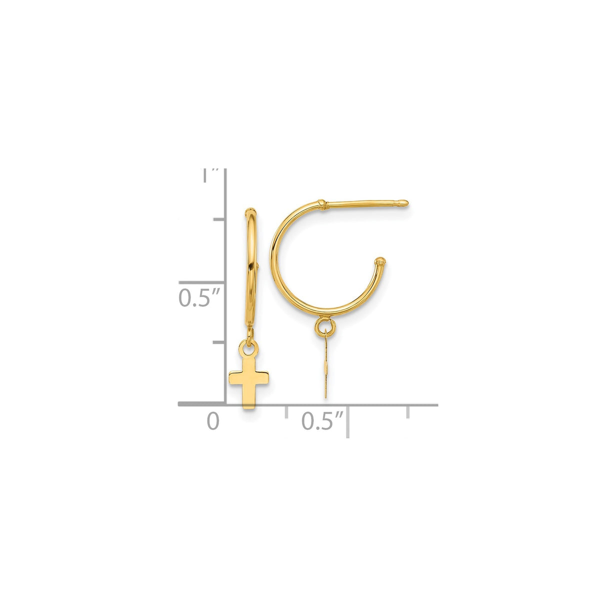 14k Yellow Gold Hoop Earrings with Dangling Cross Charms, Polished Christian Jewelry for Women