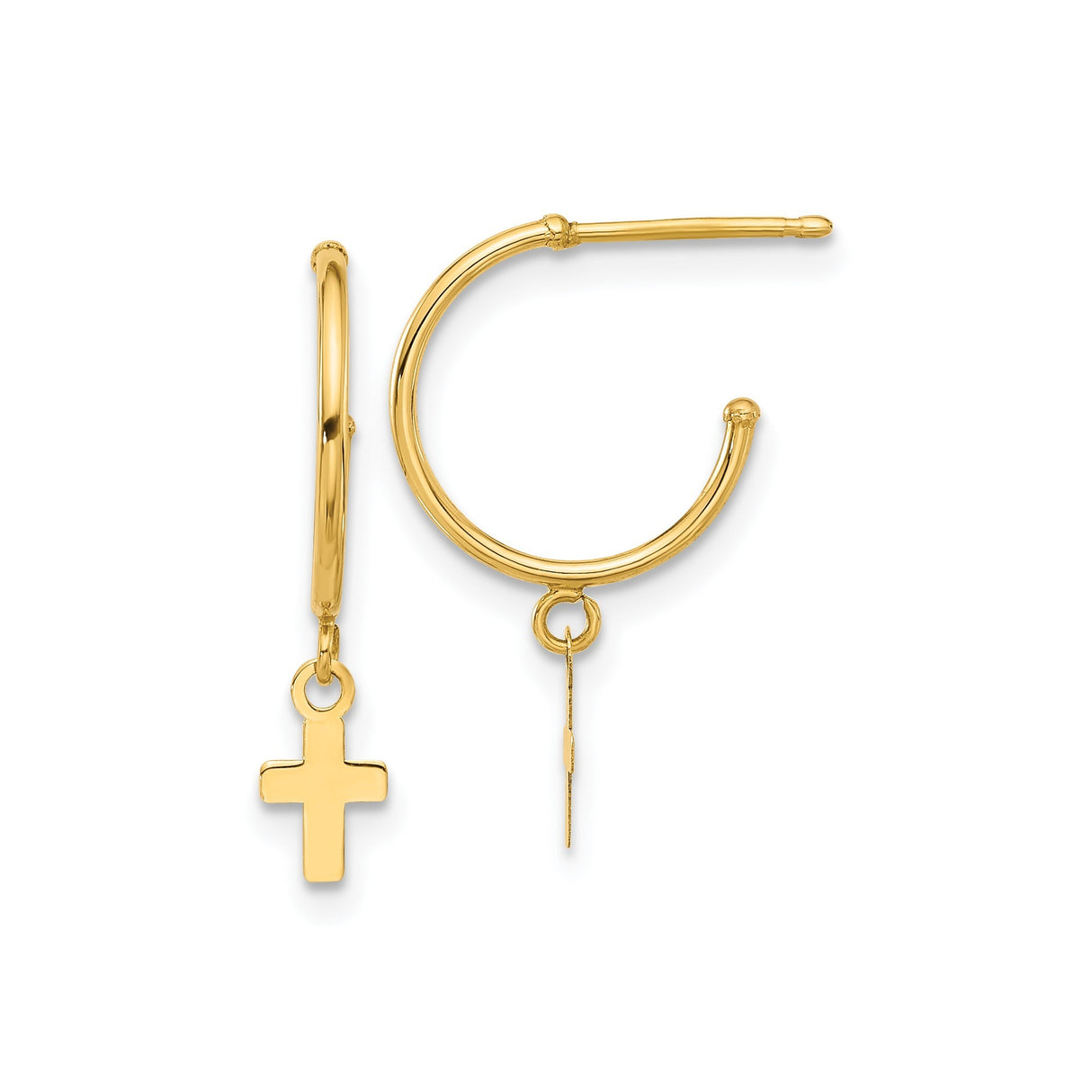 14k Yellow Gold Hoop Earrings with Dangling Cross Charms, Polished Christian Jewelry for Women