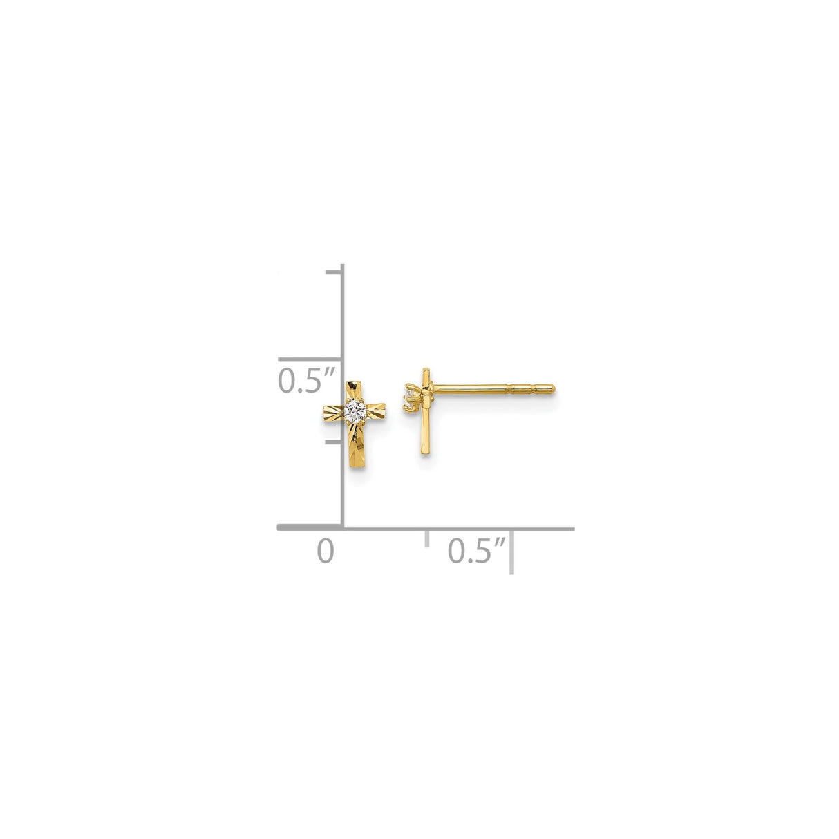 14k Yellow Gold Cross Stud Earrings with Cubic Zirconia Center and Ray Design