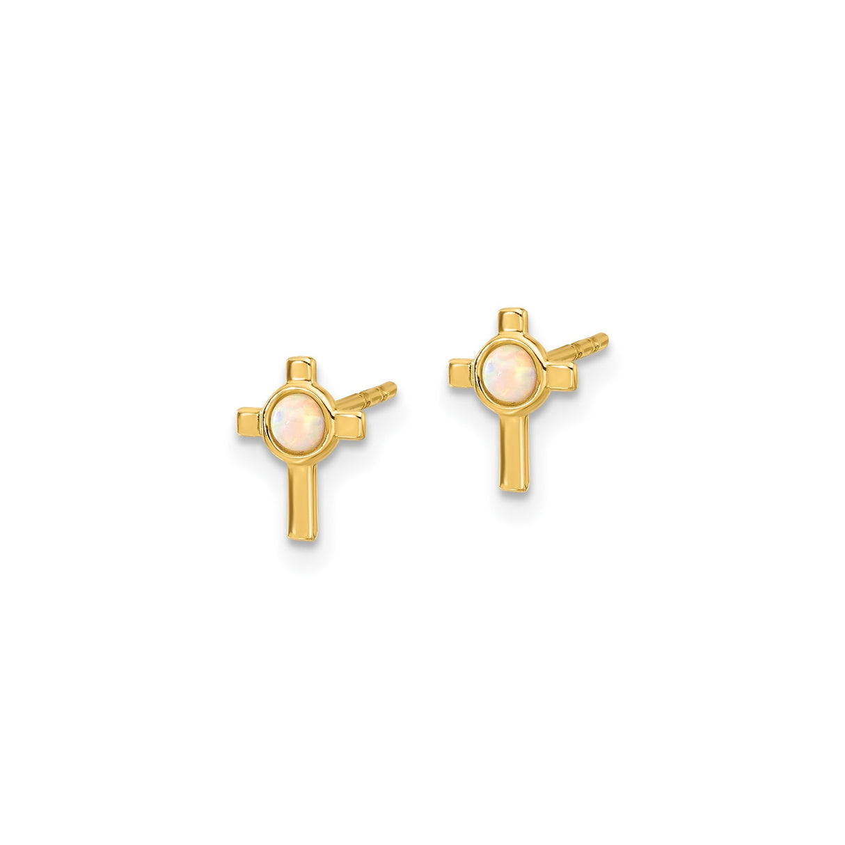 14k Yellow Gold Cross Stud Earrings with Round Created Opal Center