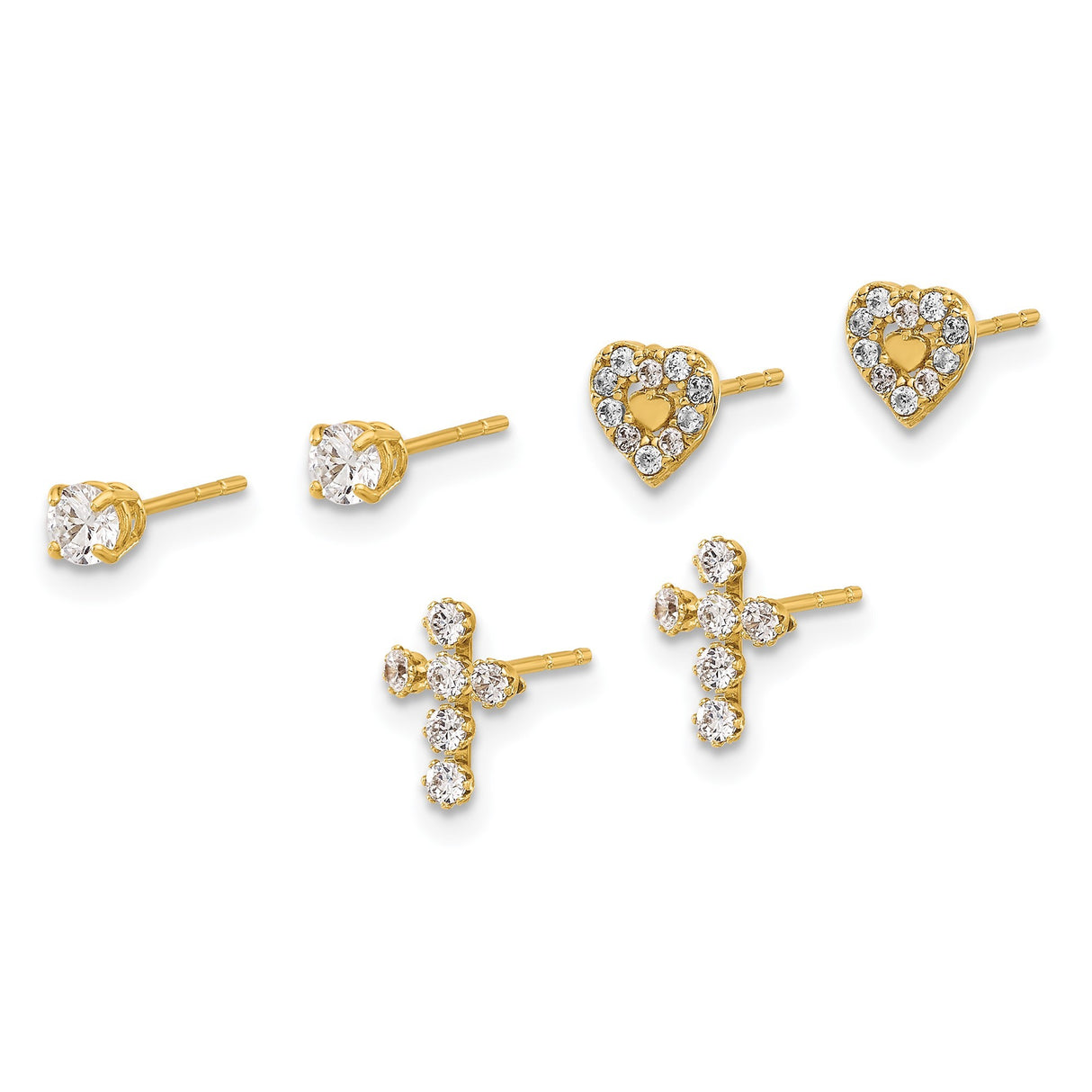 14k Yellow Gold Stud Earrings with Cubic Zirconia , Heart, Cross, and Solitaire Designs