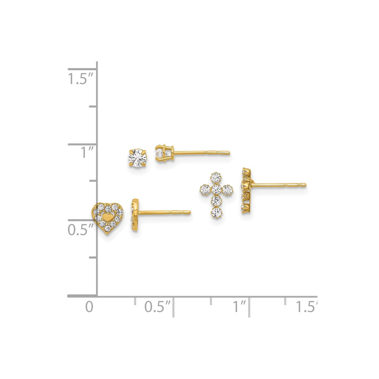 14k Yellow Gold Stud Earrings with Cubic Zirconia , Heart, Cross, and Solitaire Designs