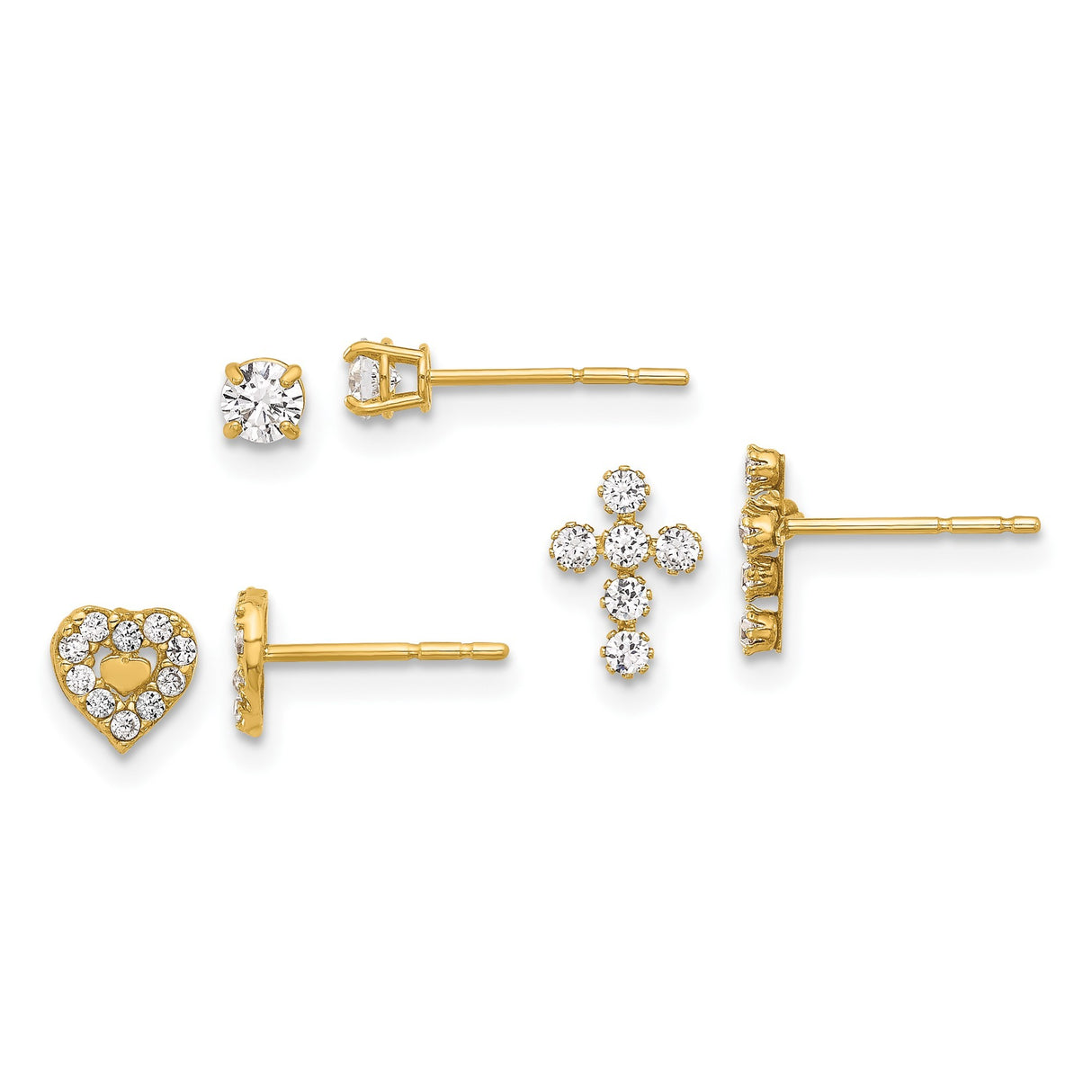 14k Yellow Gold Stud Earrings with Cubic Zirconia , Heart, Cross, and Solitaire Designs