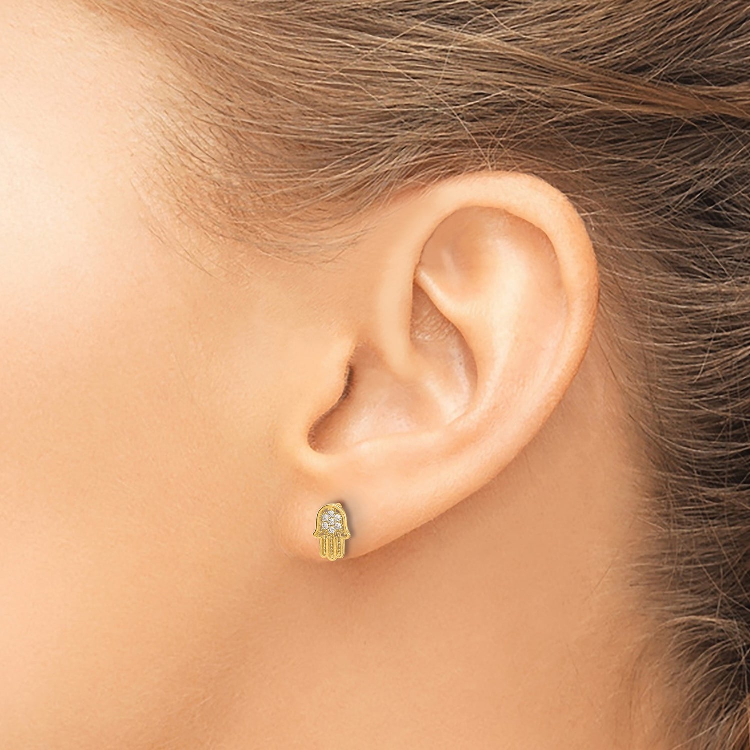 14k Yellow Gold Hamsa Hand Stud Earrings with Cubic Zirconia, Minimalist Spiritual Design