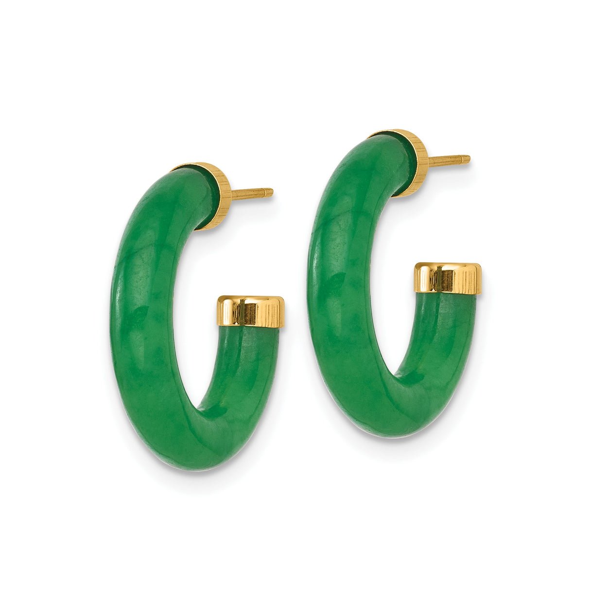 14k Yellow Gold Hoop Earrings with Green Jade, Circular Design, Polished Gold Caps