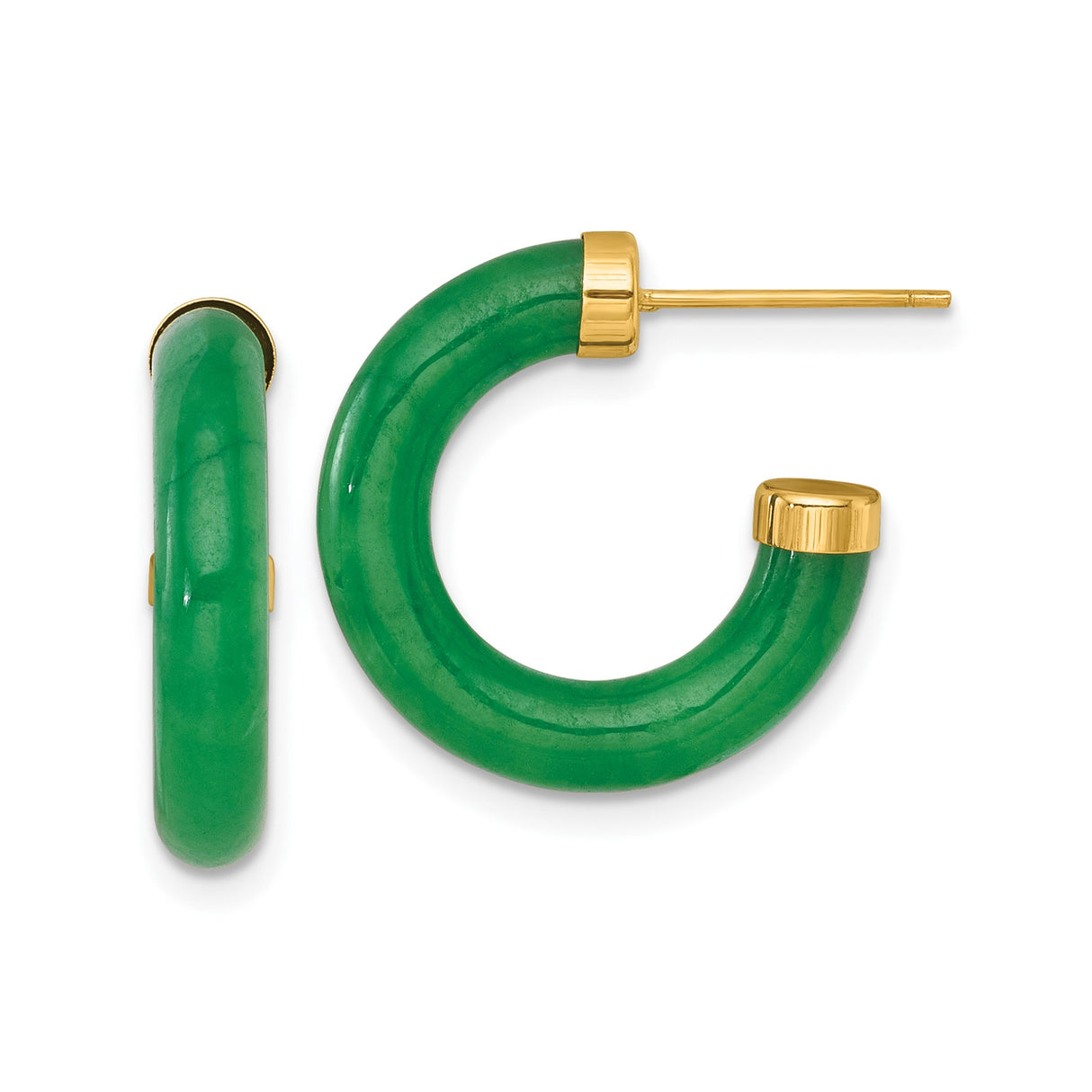 14k Yellow Gold Hoop Earrings with Green Jade, Circular Design, Polished Gold Caps