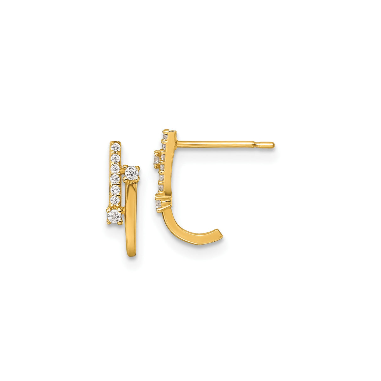 14k Yellow Gold Curved Stud Earrings with Cubic Zirconia, Modern Minimalist Design