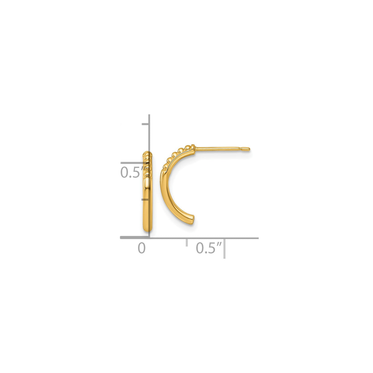 14k Yellow Gold Hoop Earrings with Polished Finish and Beaded Edge, Lightweight J-Hoop Design