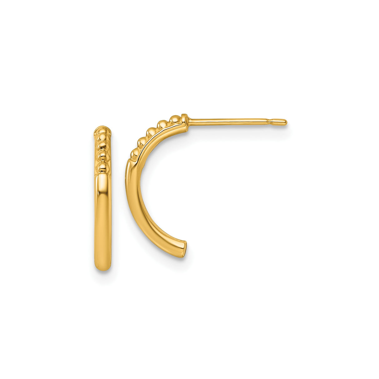 14k Yellow Gold Hoop Earrings with Polished Finish and Beaded Edge, Lightweight J-Hoop Design