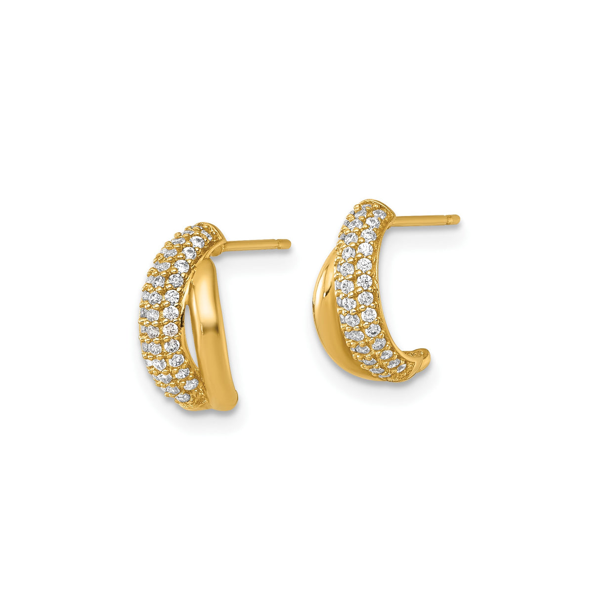 14k Yellow Gold Hoop Earrings with Cubic Zirconia, Triple Row Pavé Huggie Style