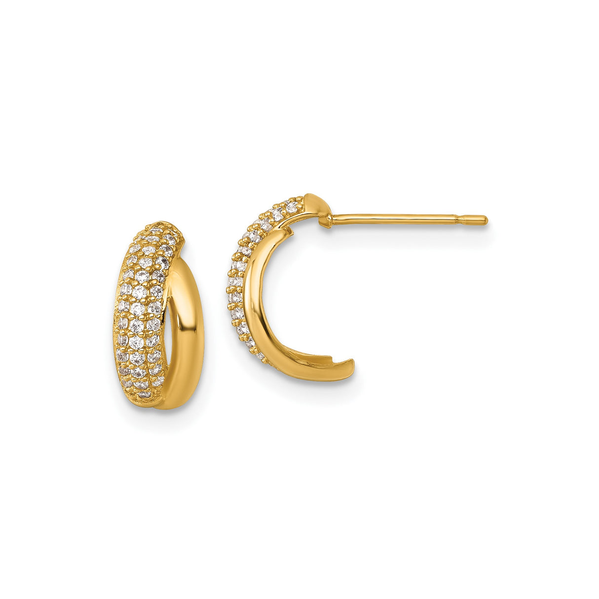 14k Yellow Gold Hoop Earrings with Cubic Zirconia, Triple Row Pavé Huggie Style