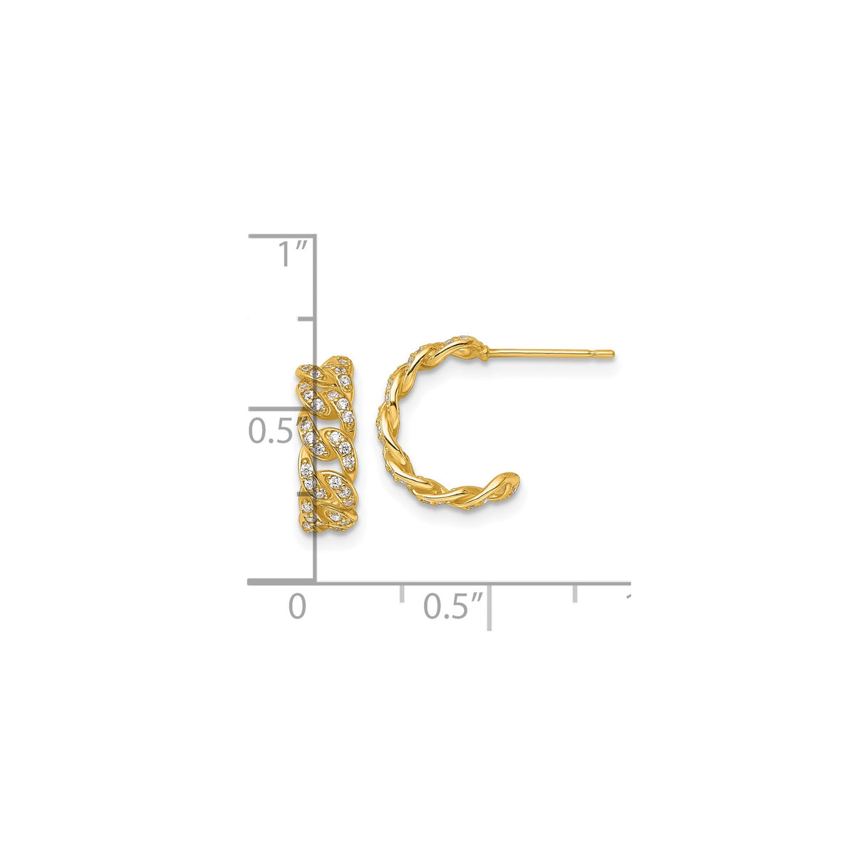 14k Yellow Gold Hoop Earrings with Cubic Zirconia, Twisted Rope Design, Interwoven Texture