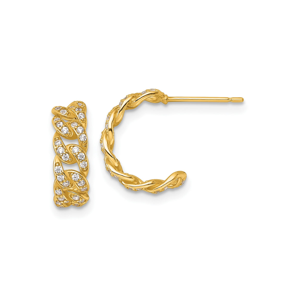 14k Yellow Gold Hoop Earrings with Cubic Zirconia, Twisted Rope Design, Interwoven Texture