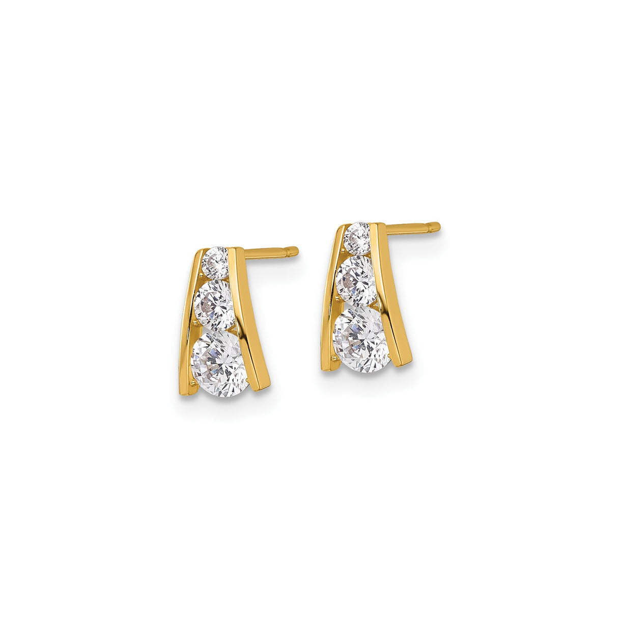 14k Yellow Gold Stud Earrings with Cubic Zirconia, Vertical Three-Stone Design, Minimalist Style