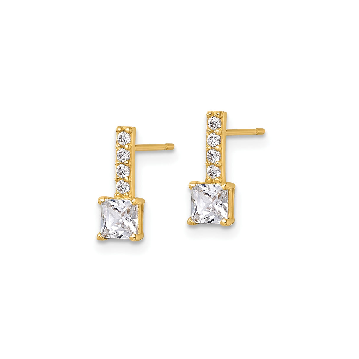 14k Yellow Gold Drop Earrings with Princess Cut Cubic Zirconia and Vertical Accents